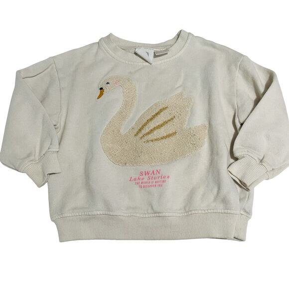 Zara Girls 18-24 Month Cream Swan Crewneck Sweatshirt - Picture 1 of 4